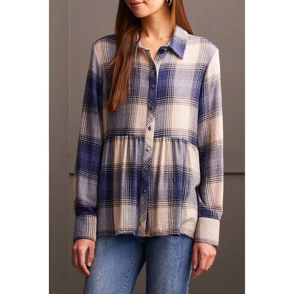 NEW TRIBAL plaid peplum button-up in blue/white - Picture 1 of 4
